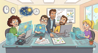 ​A cartoon illustration presents a team of four colleagues who are thriving and engaged, leveraging advanced technology to achieve great results. Three wall clocks show harmonious times, a vibrant whiteboard features graphs labeled "TEAM OUTPUT," "PROJECT MILESTONES," "ENGAGEMENT & HAPPINESS," and "INNOVATION IDEAS" with positive upward trends, and the atmosphere is collaborative and optimistic. Thought bubbles above two of the workers contain a "constellation of ideas" and a "lightbulb moment." A manager figure actively guides the team with a smile. The glowing holographic interfaces are filled with positive symbols, and a notebook on the desk contains an organized thought map. The entire group is smiling and interacting, showcasing a balance of productivity and positive morale. An 'AI' block with a friendly green light sits on the desk.